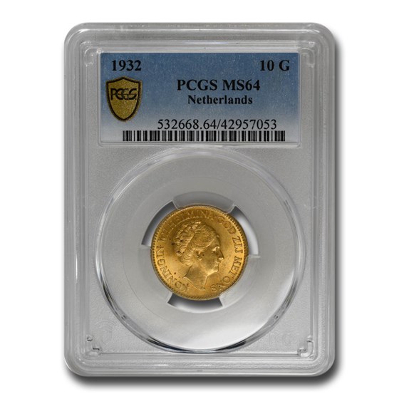 1932 Netherlands Gold 10 Gulden Wilhelmina I MS-64 PCGS 1932 Netherlands Gold 10 Gulden Wilhelmina I MS-64 PCGS