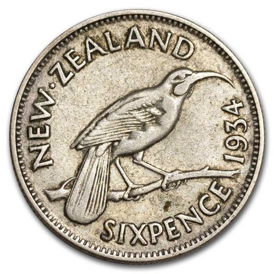 1933-1936 New Zealand Silver 6 Pence George V Avg Circ 1933-1936 New Zealand Silver 6 Pence George V Avg Circ