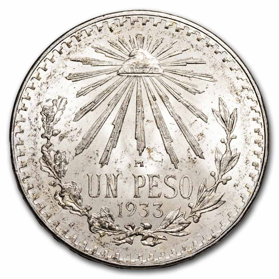 1933 Silver Mexican 1 Peso Cap & Rays BU