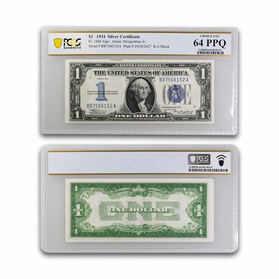 1934 $1.00 Silver Certificate CH CU-64 PPQ PCGS (Fr#1606) 1934 $1.00 Silver Certificate CH CU-64 PPQ PCGS (Fr#1606)
