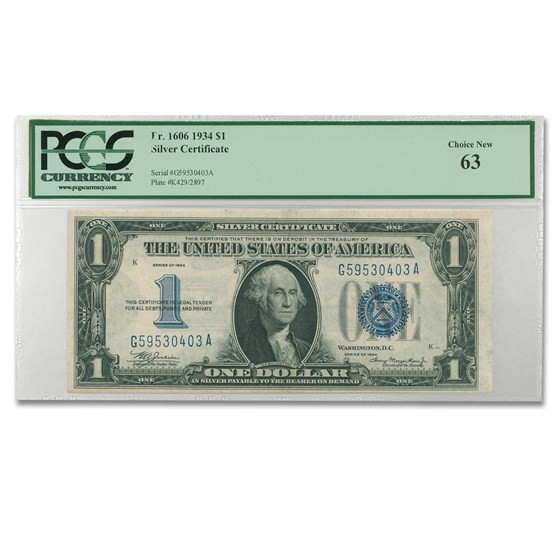 1934 $1.00 Silver Certificate CU-63 PCGS (Fr#1606) 1934 $1.00 Silver Certificate CU-63 PCGS (Fr#1606)