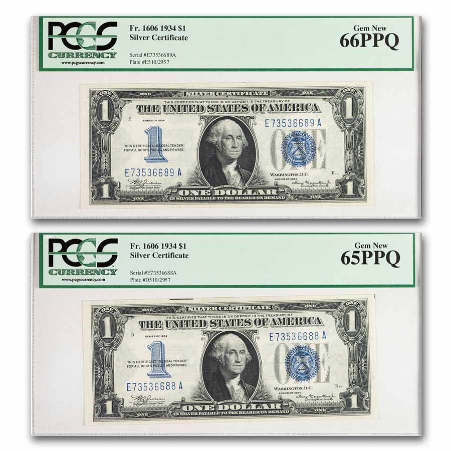 1934 $1.00 Silver Certificate CU-65/66 PPQ PCGS (Fr#1606) 2 Cons