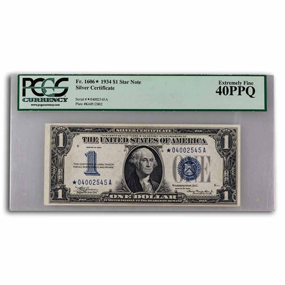 1934* $1 Silver Certificate XF-40 PPQ PCGC (Fr#1606*) Star Note