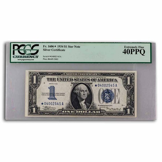1934* $1 Silver Certificate XF-40 PPQ PCGC (Fr#1606*) Star Note 1934* $1 Silver Certificate XF-40 PPQ PCGC (Fr#1606*) Star Note