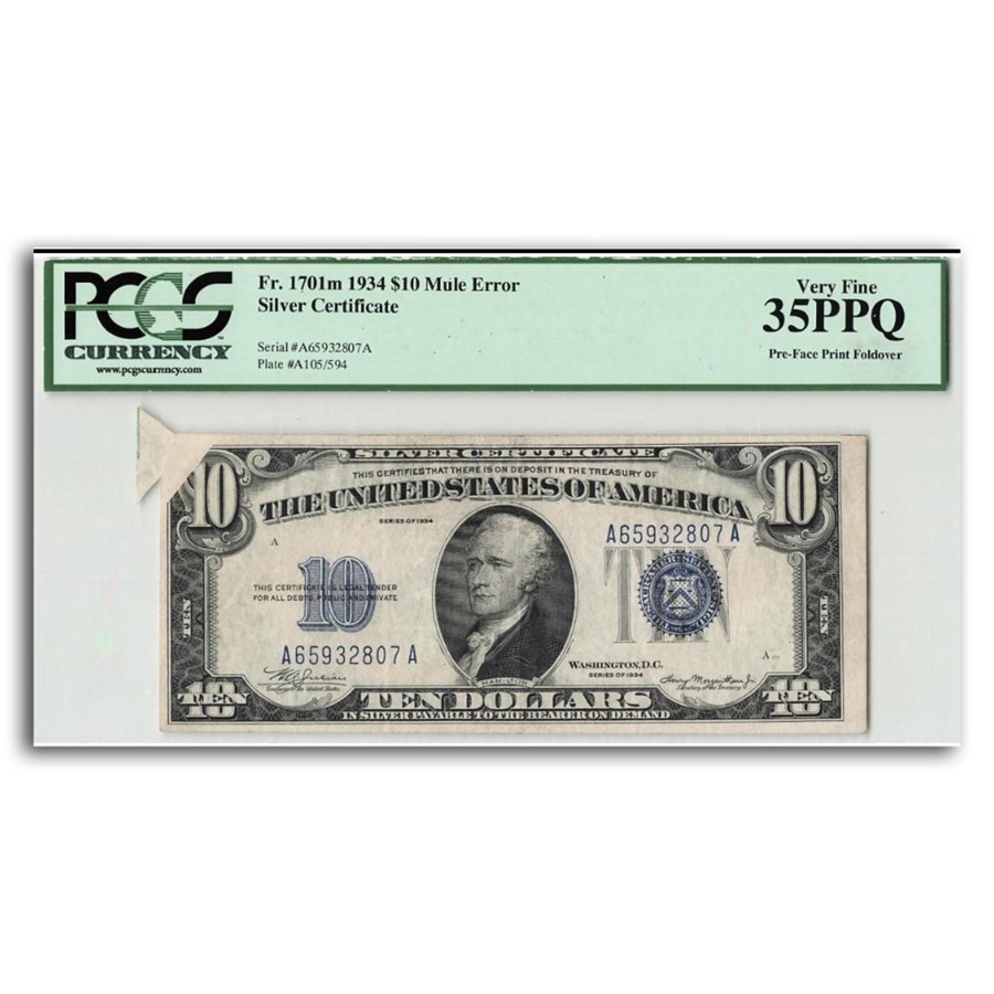 1934 $10 Silver Cert. VF35 PPQ PCGS (Fr#1701m) Printed Fold Error