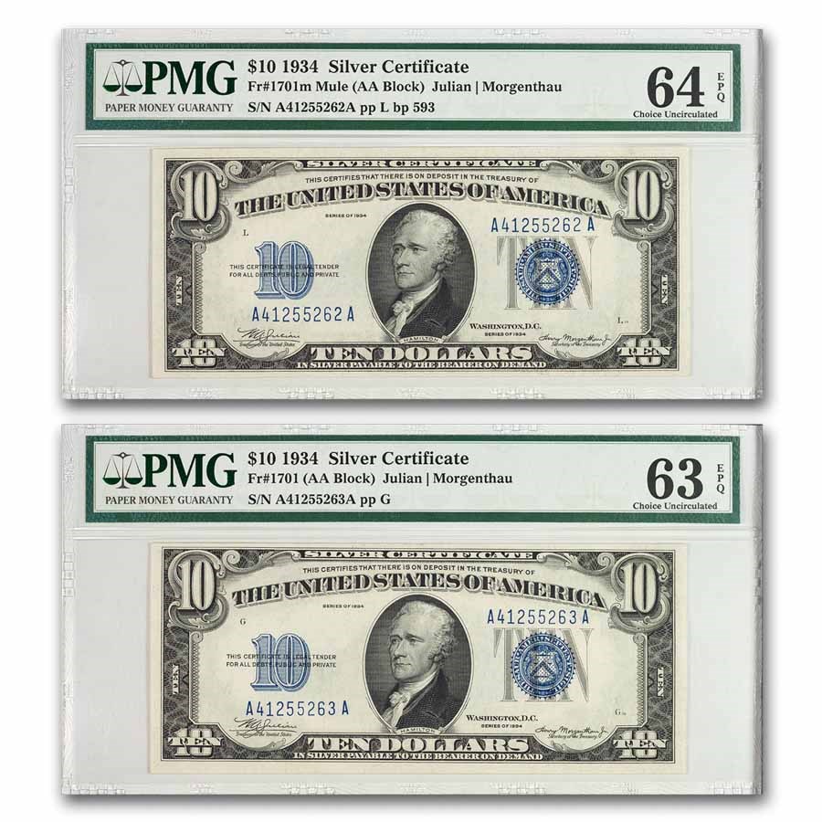 1934 $10 Silver Certificate CU-63/64 EPQ PMG (Fr#1701/m) 2 Cons.