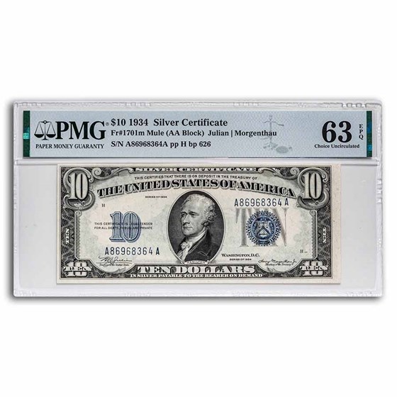 1934 $10 Silver Certificate CU-63 EPQ PMG (Fr#1701m) Mule 1934 $10 Silver Certificate CU-63 EPQ PMG (Fr#1701m) Mule