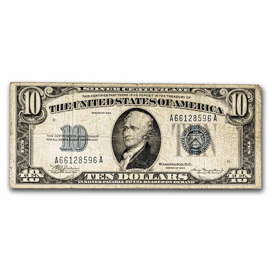 1934 $10 Silver Certificate FR 1701 Very Good/Fine 