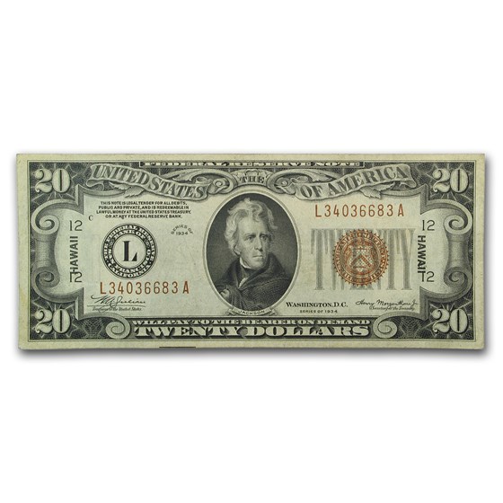 1934 $20 Brown Seal Hawaii Emergency Note XF (Mule) 1934 $20 Brown Seal Hawaii Emergency Note XF (Mule)