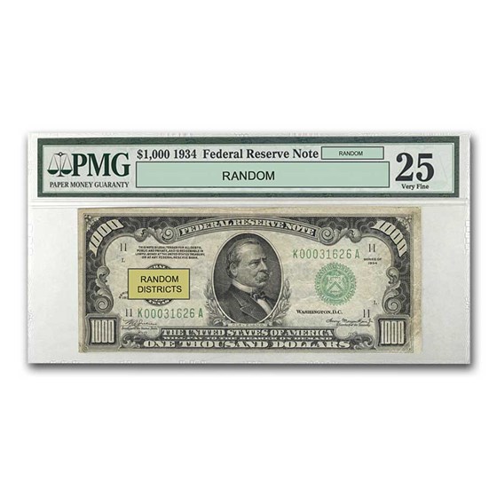 1934/34-A $1,000 FRN VF PMG/PCGS Districts of Our Choice 1934/34-A $1,000 FRN VF PMG/PCGS Districts of Our Choice
