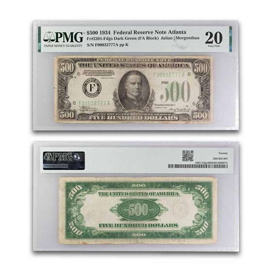 1934/34-A $500 FRN VF PMG/PCGS (Districts of Our Choice) 1934/34-A $500 FRN VF PMG/PCGS (Districts of Our Choice)