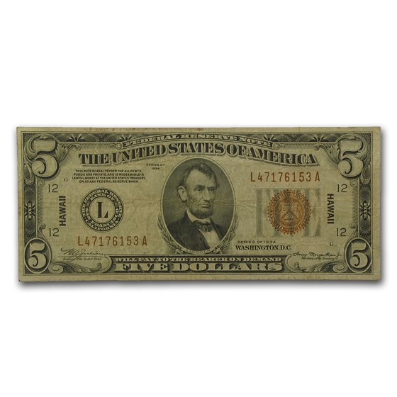 1934 $5.00 Brown Seal Hawaii Fine (Fr#2301M) Mule