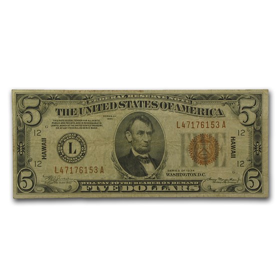 1934 $5.00 Brown Seal Hawaii Fine (Fr#2301M) Mule 1934 $5.00 Brown Seal Hawaii Fine (Fr#2301M) Mule