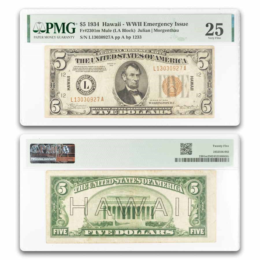 1934 $5.00 Brown Seal Hawaii VF-25 PMG (Fr#2301M)