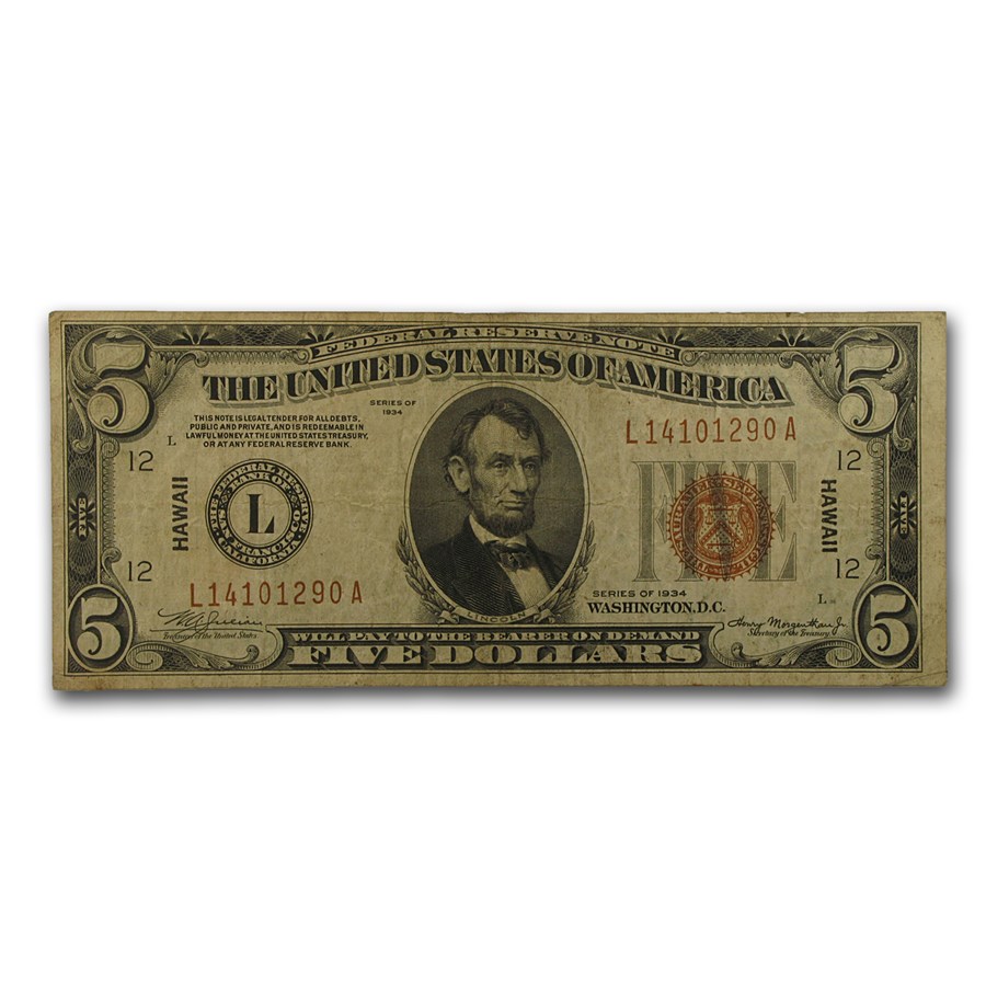 1934 $5.00 Brown Seal Hawaii VF (Fr#2301M) Mule