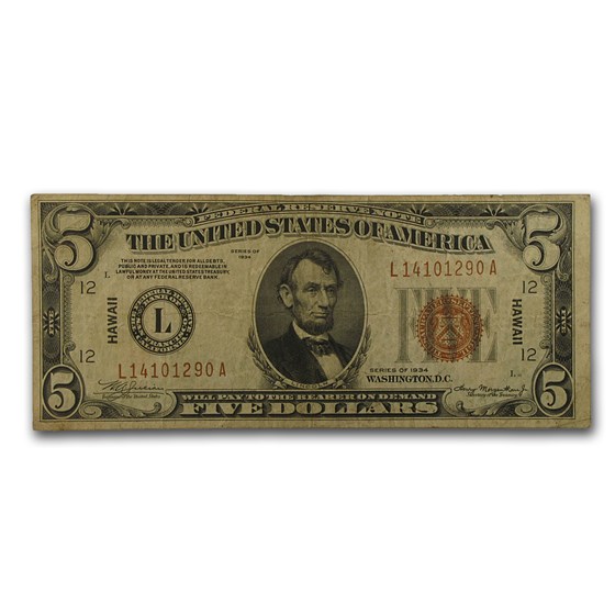 1934 $5.00 Brown Seal Hawaii VF (Fr#2301M) Mule