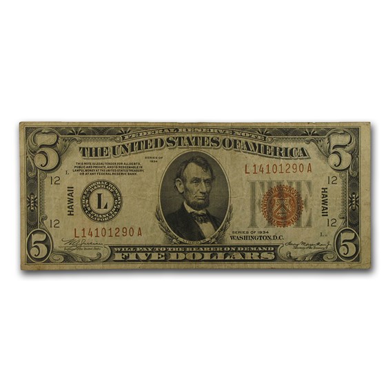 1934 $5.00 Brown Seal Hawaii VF (Fr#2301M) Mule 1934 $5.00 Brown Seal Hawaii VF (Fr#2301M) Mule