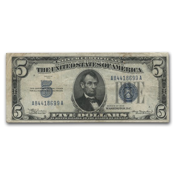 1934 $5.00 Silver Certificate Avg Circ VG/VF (Fr#1650)