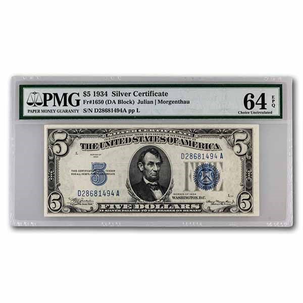 Buy 1934 $5.00 Silver Certificate CH CU-64 EPQ PMG (Fr#1650) | APMEX