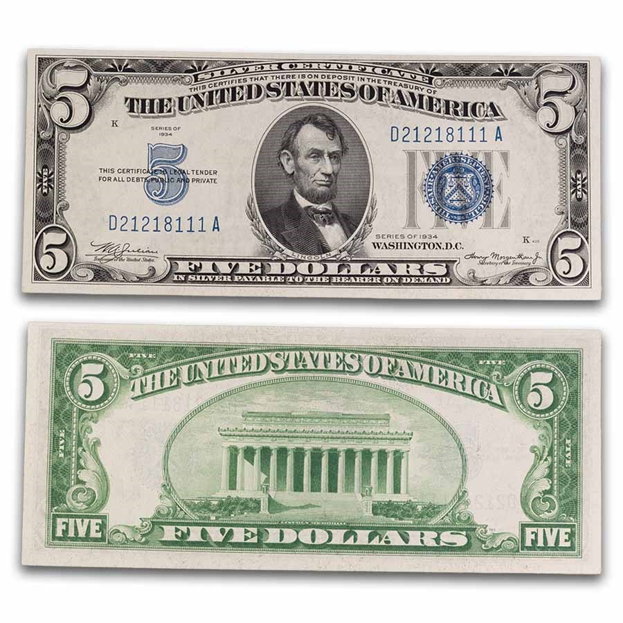 1934 $5.00 Silver Certificates CU