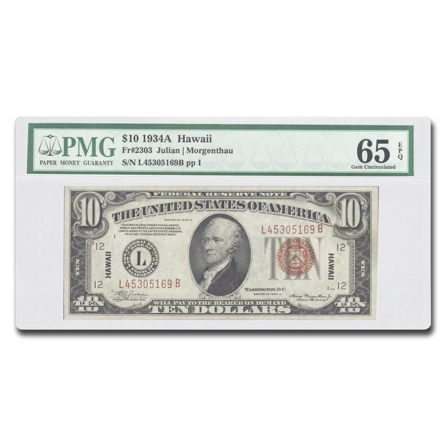 1934-A $10.00 Brown Seal Hawaii Gem CU-65 EPQ PMG (Fr#2303)