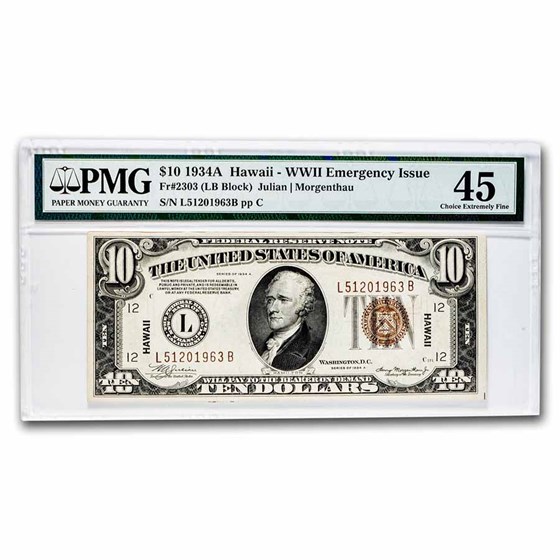 1934-A $10 Brown Seal Hawaii CH XF-45 PMG (Fr#2303) 1934-A $10 Brown Seal Hawaii CH XF-45 PMG (Fr#2303)