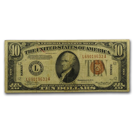 1934-A $10 Brown Seal Hawaii Fine+ (Fr#2303) 1934-A $10 Brown Seal Hawaii Fine+ (Fr#2303)