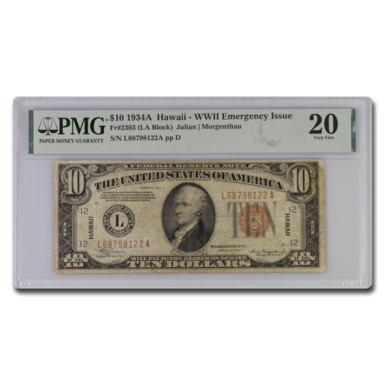 1934-A $10 Brown Seal Hawaii VF-20 PMG (Fr#2303) 1934-A $10 Brown Seal Hawaii VF-20 PMG (Fr#2303)