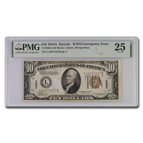 1934-A $10 Brown Seal Hawaii VF-25 PMG (Fr#2303) 1934-A $10 Brown Seal Hawaii VF-25 PMG (Fr#2303)