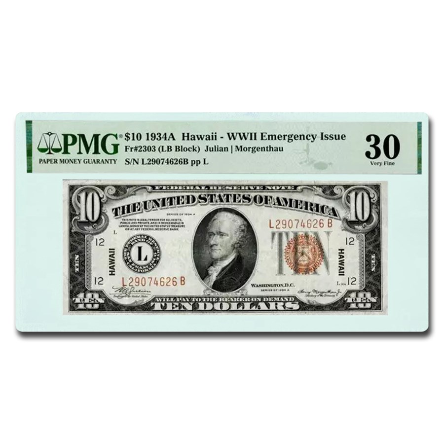 1934-A $10 Brown Seal Hawaii VF-30 PMG (Fr#2303)
