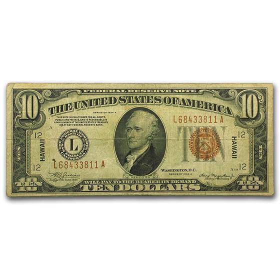 1934-A $10 Brown Seal Hawaii VG (Fr#2303)