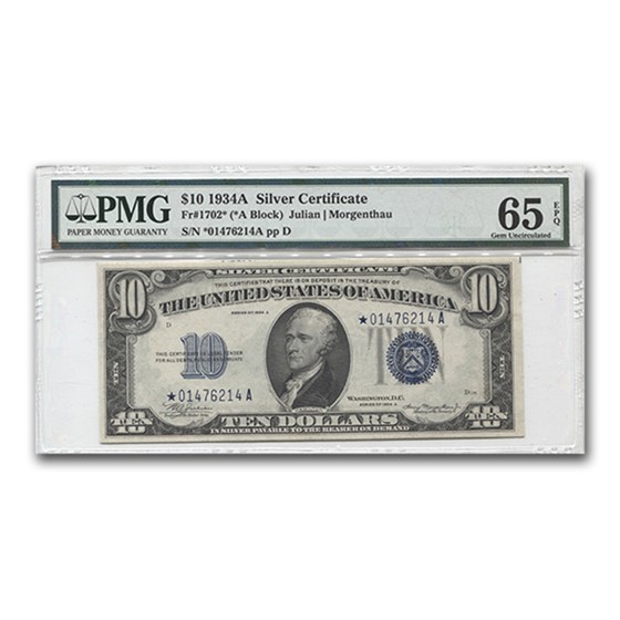 1934-A* $10 Silver Certificate Gem Unc-65 EPQ PMG (Star) 1934-A* $10 Silver Certificate Gem Unc-65 EPQ PMG (Star)
