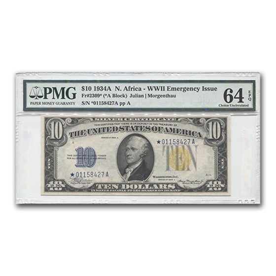 1934-A* $10 Silver Certificate N. Africa Ch Unc-64 EPQ PMG (Star) 1934-A* $10 Silver Certificate N. Africa Ch Unc-64 EPQ PMG (Star)