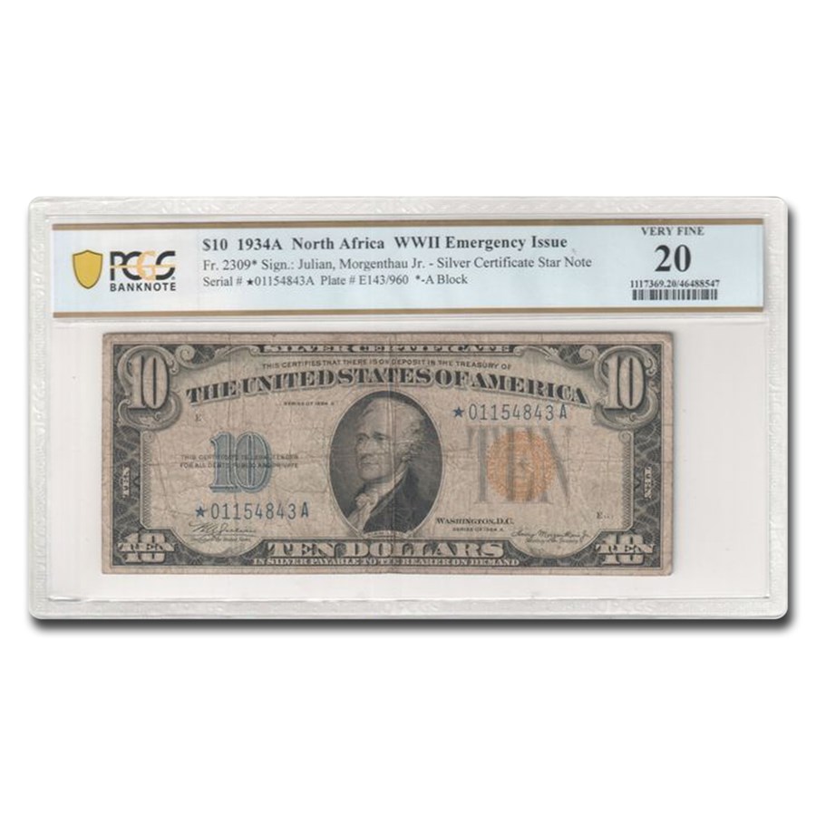 1934-A* $10 Yellow Seal N. Africa VF-20 PCGS (Fr#2309*)