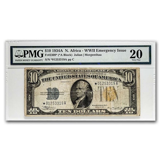 1934-A* $10 Yellow Seal N. Africa VF-20 PMG (Fr#2309*) 1934-A* $10 Yellow Seal N. Africa VF-20 PMG (Fr#2309*)