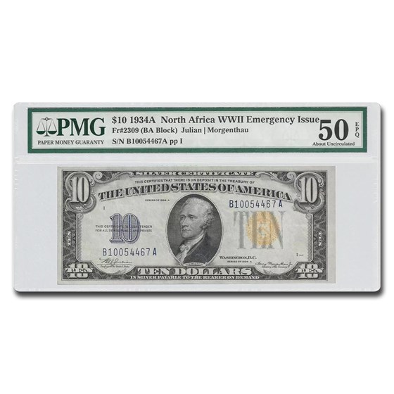 1934-A $10 Yellow Seal North Africa AU-50 EPQ PMG (Fr#2309) 1934-A $10 Yellow Seal North Africa AU-50 EPQ PMG (Fr#2309)