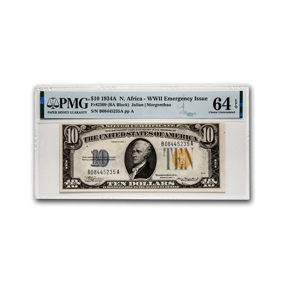 1934-A $10 Yellow Seal North Africa CU-64 EPQ PMG (Fr#2309) 1934-A $10 Yellow Seal North Africa CU-64 EPQ PMG (Fr#2309)
