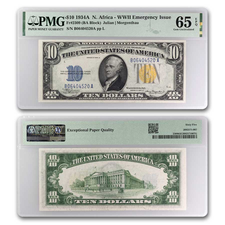 完全未使用級 1986年 PMG 64 EPQ フランス France 1934-A $10 Yellow Seal North Africa CU-65 EPQ PMG (Fr#2309)