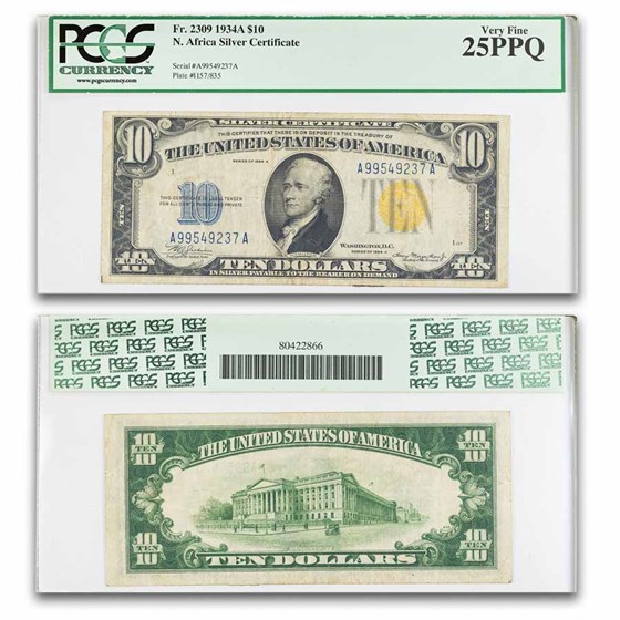 1934-A $10 Yellow Seal North Africa VF-25 PPQ PCGS (Fr#2309)