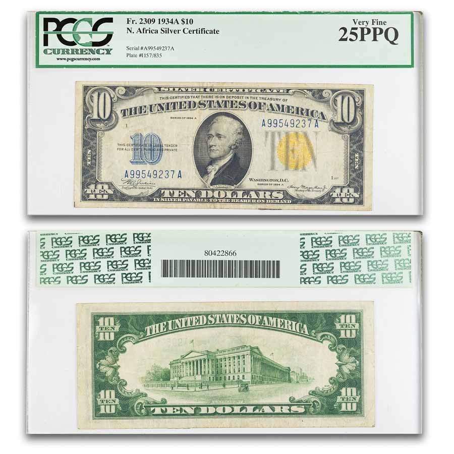 1934-A $10 Yellow Seal North Africa VF-25 PPQ PCGS (Fr#2309)