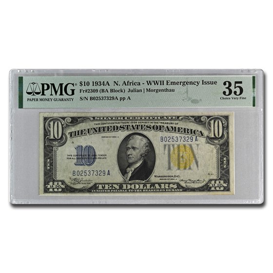 1934-A $10 Yellow Seal North Africa VF-35 PMG (Fr#2309)