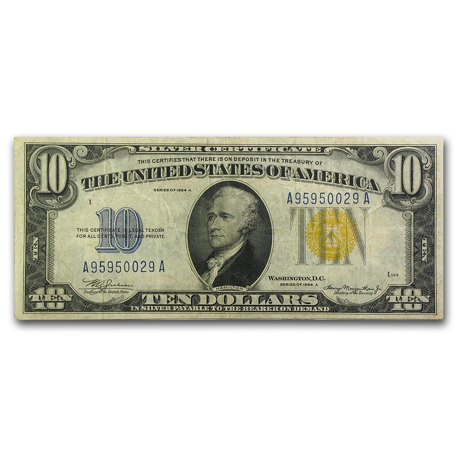 1934-A $10 Yellow Seal North Africa VF+ (Fr#2309)