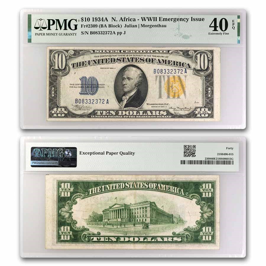 1934-A $10 Yellow Seal North Africa XF-40 EPQ PMG (Fr#2309)