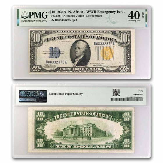 1934-A $10 Yellow Seal North Africa XF-40 EPQ PMG (Fr#2309) 1934-A $10 Yellow Seal North Africa XF-40 EPQ PMG (Fr#2309)