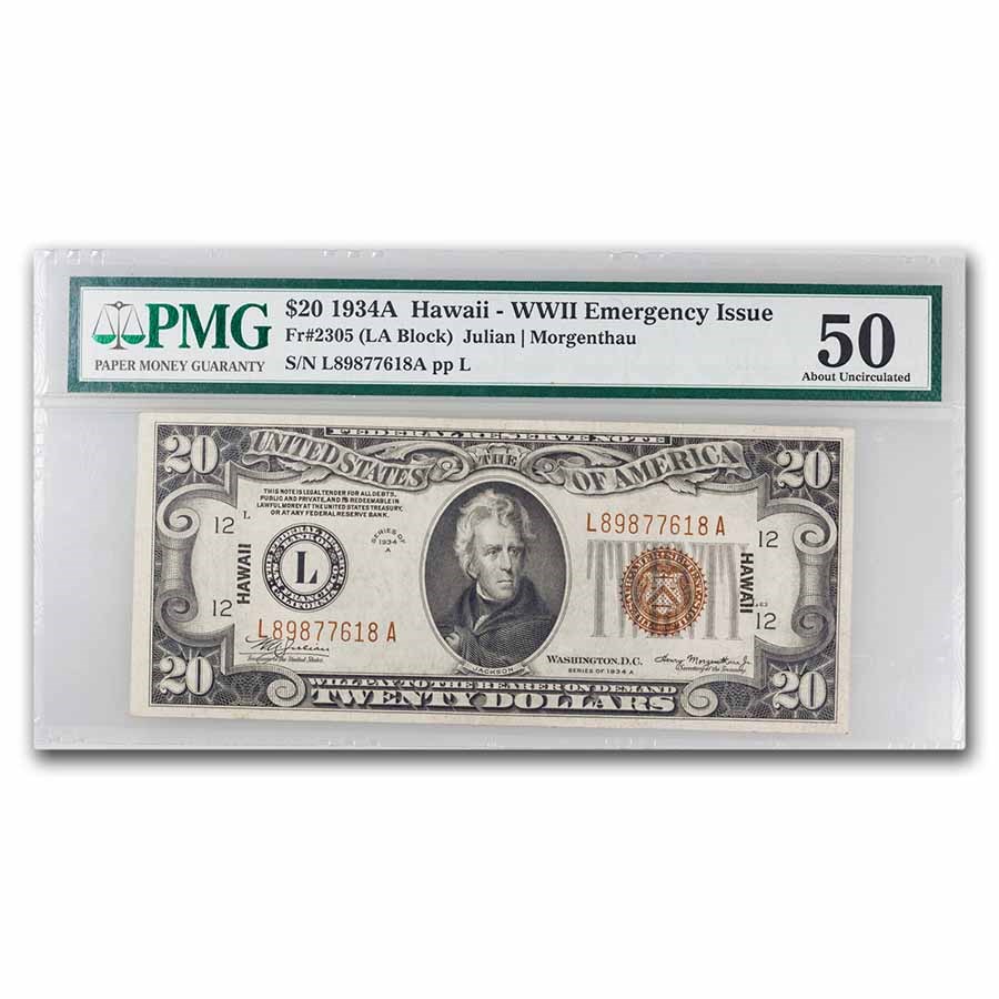 1934-A $20 Brown Seal Hawaii AU-50 PMG (Fr#2305)