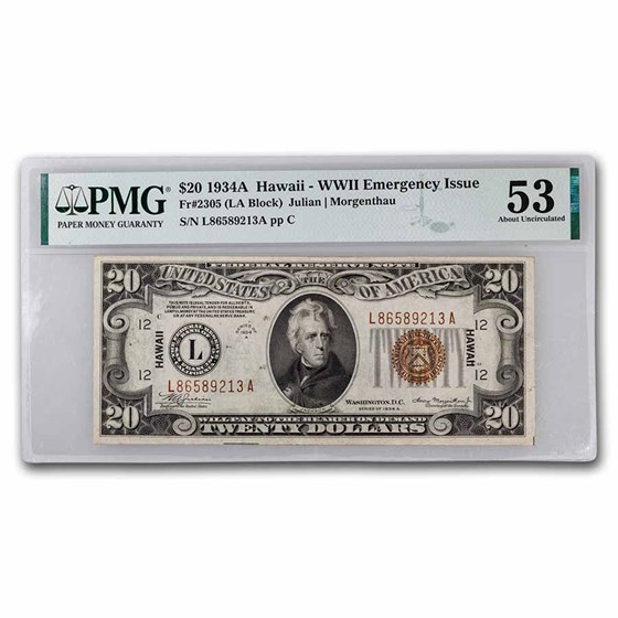 1934-A $20 Brown Seal Hawaii AU-53 PMG (Fr#2305) 1934-A $20 Brown Seal Hawaii AU-53 PMG (Fr#2305)