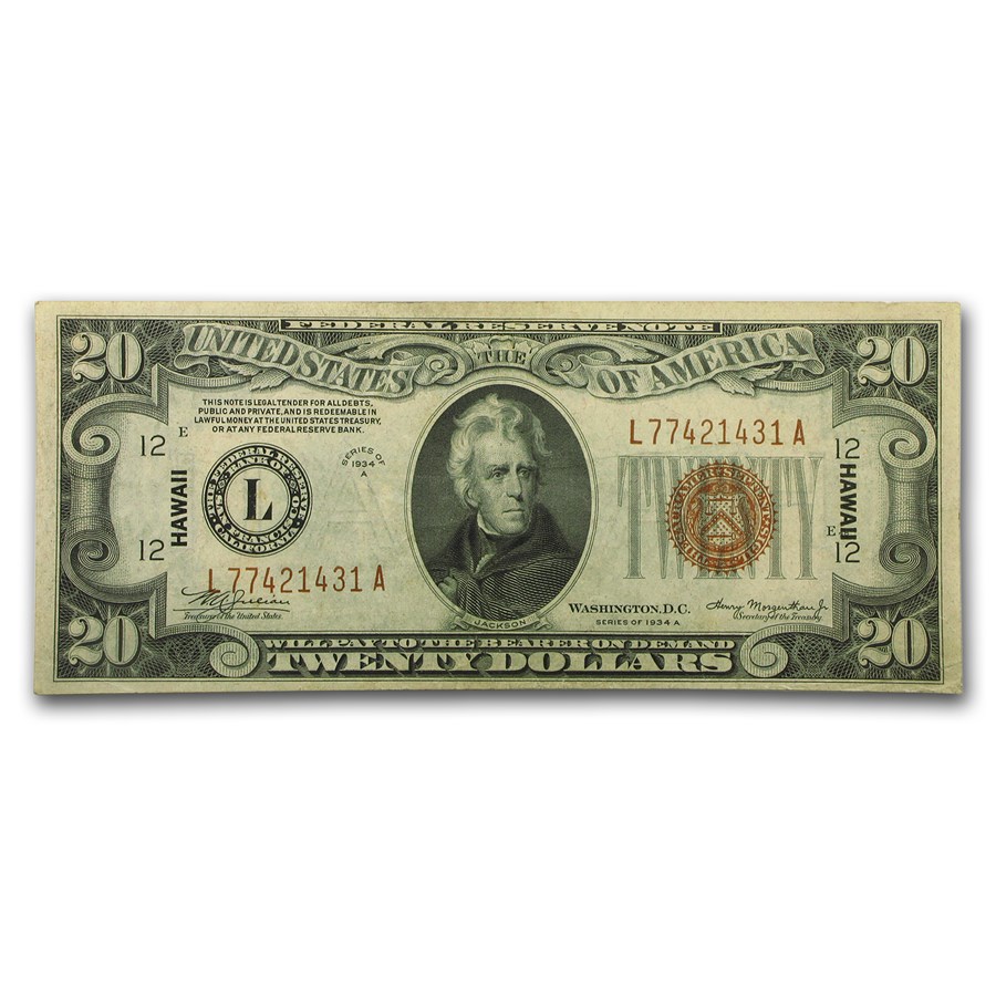 1934-A $20 Brown Seal Hawaii AU (Fr#2305)
