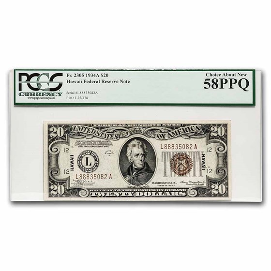 1934-A $20 Brown Seal Hawaii CH AU-58 PPQ PCGS (Fr#2305) 1934-A $20 Brown Seal Hawaii CH AU-58 PPQ PCGS (Fr#2305)