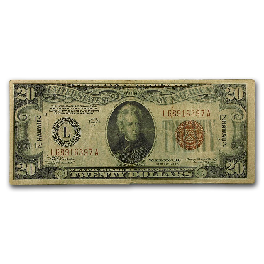 1934-A $20 Brown Seal Hawaii Fine (Fr#2305)