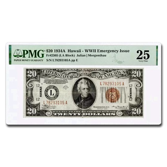 1934-A $20 Brown Seal Hawaii VF-25 PMG (Fr#2305) 1934-A $20 Brown Seal Hawaii VF-25 PMG (Fr#2305)